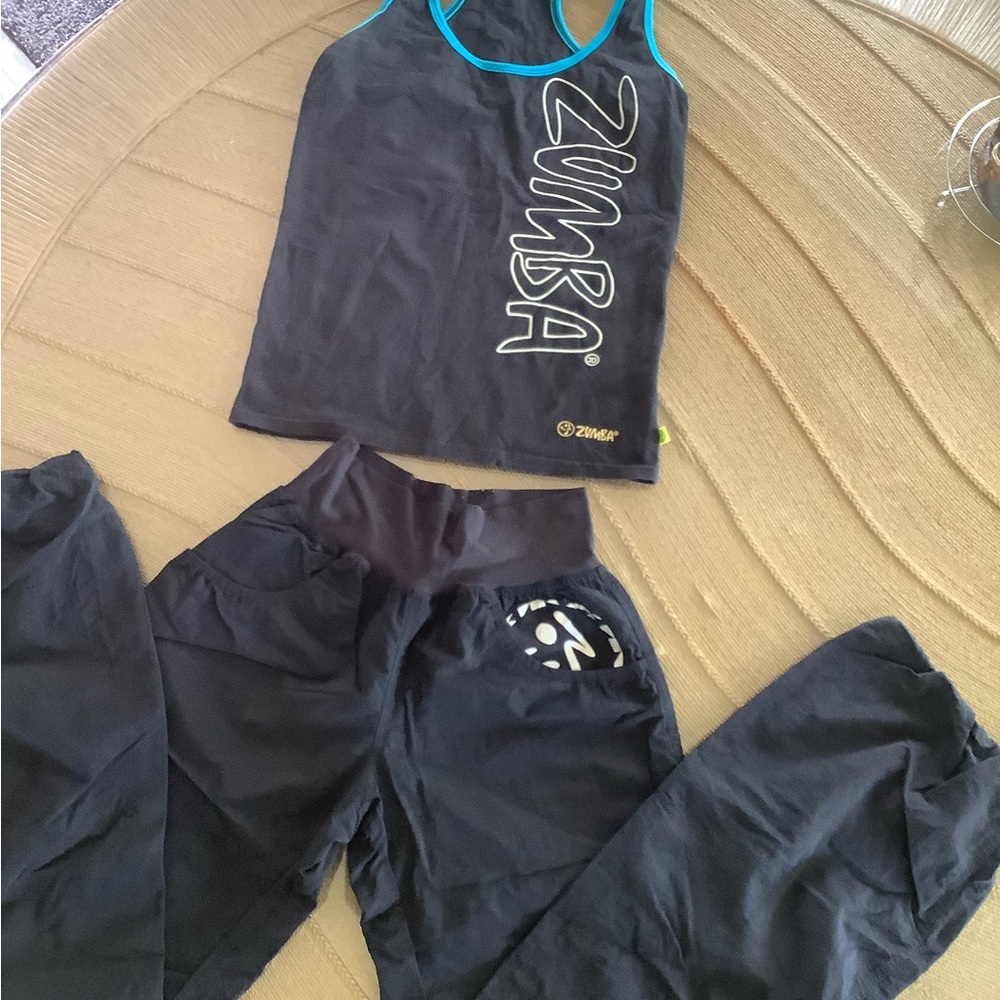 Zumba Fitness Black Tank Top and Black Pants with Teal Trim